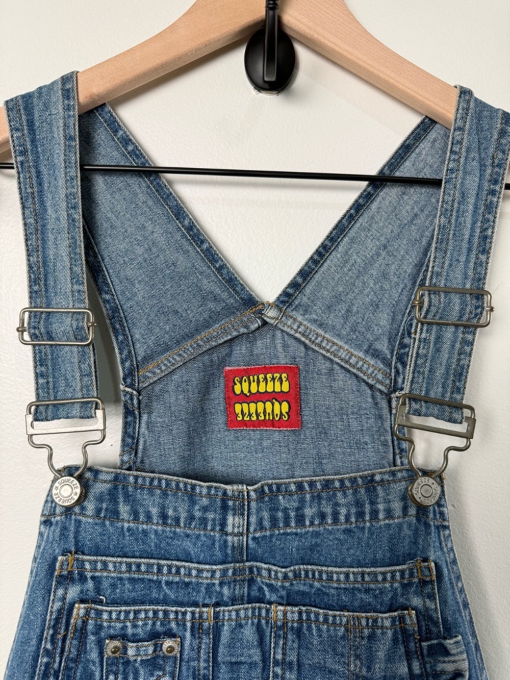 Vintage 90s Squeeze Denim Carpenter Overalls Bibs Y2K Grunge Medium Wash Small - Picture 2 of 9
